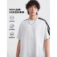 批发【官图 100%棉】美式拼接条纹短袖t恤男潮牌重磅纯棉宽松半袖