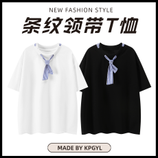 批发【实拍 270G曼巴棉】<b class='q'>日系</b>条纹领带短袖t恤男夏季潮牌体恤上衣