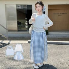 批发(三件套) 女童蕾丝裙套装2025新款女大童夏季白色背心<b class='q'>儿童</b>格子裙