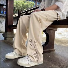 批发2025新款国风刺绣裤子男士夏季冰丝薄款直筒男裤宽松垂感阔腿裤