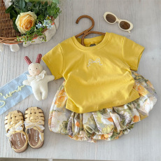 批发甜美女宝宝穿搭两件套夏季新款短袖T恤上衣碎花短裤裙韩版<b class='q'>女童</b>装