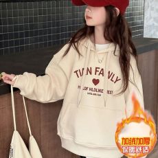 批发女童加绒卫衣连帽冬款潮牌中大童加厚保暖上衣儿童大女孩冬装童装