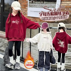 批发女童加绒卫衣连帽冬款潮牌中大童加厚保暖上衣儿童大女孩冬装童装