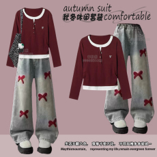 批发<b class='q'>女童</b>秋<b class='q'>冬</b>新款牛仔2025套装假两件打底衫蝴蝶结绣花<b class='q'>牛仔裤</b>两件套