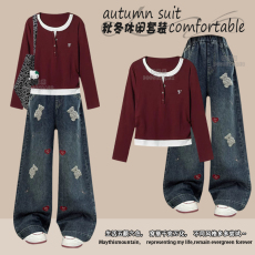 批发<b class='q'>女童</b>休闲<b class='q'>套</b>装春秋季2025新款儿童假两件上衣两件套女孩秋装<b class='q'>牛仔裤</b>