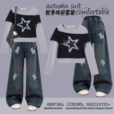 批发<b class='q'>女童</b>休闲<b class='q'>套</b>装春秋季2025新款儿童假两件上衣两件套女孩秋装<b class='q'>牛仔裤</b>