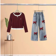 批发<b class='q'>女童</b>假<b class='q'>两件</b>打底衫牛仔套装2025春秋款长袖T恤百搭阔腿裤两件套