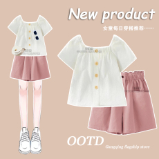 批发<b class='q'>女童</b>夏<b class='q'>季</b>套装2025新款娃娃领衬衫儿童T恤休闲短裤小个子两件套