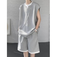 批发华夫格假两件无袖背心套装男女<b class='q'>夏</b>季新款学生宽松两件套