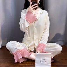 批发小宝轻奢现货水光绸甜美<b class='q'>睡衣</b>女套装冰雪丝长袖木耳边家居服带胸垫