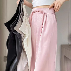 批发【M-5XL】冰丝窄版阔腿裤女<b class='q'>夏季</b>薄款垂感休闲小个子提花国风西装裤
