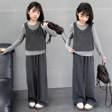 批发女童秋装套装2025新款儿童韩系潮酷穿搭大童女孩时髦阔腿裤三件套