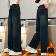 批发秋冬加绒加厚<b class='q'>女童</b><b class='q'>牛仔裤</b>中大童韩版洋气宽松阔腿裤儿童裤子