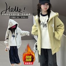 批发羊驼绒女童加绒加厚外套儿童连帽上衣女孩秋冬装连帽开衫卫衣