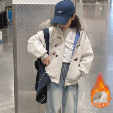 批发女童加绒加厚卫衣外套秋冬款洋气儿童开衫中大童刺绣连帽上衣