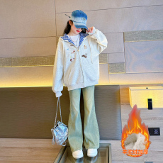 批发女童加绒加厚外套秋冬中大儿童灰色上衣卡通女孩秋装连帽卫衣洋气
