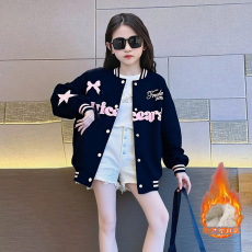 批发羊驼绒女童加绒加厚外套韩系冬季2025新款儿童蝴蝶结星星棒球服潮