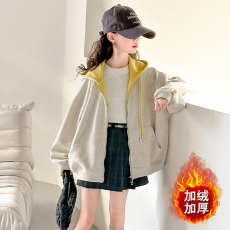 批发羊驼绒女童外套新款洋气<b class='q'>韩版</b>卫衣开衫中大童冬装连帽上衣加绒加厚