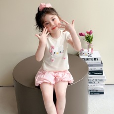 批发甜美可爱女宝宝中小童夏季两件套装2025新款小飞袖卡通上衣短裤裙