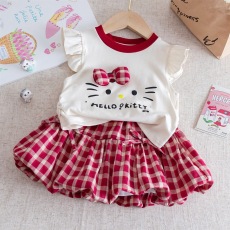 批发休闲<b class='q'>女童</b><b class='q'>两</b>件套夏季小飞袖洋气卡通上衣女孩花苞复古格子裤裙潮