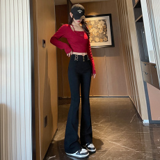 批发实拍拖地高腰微喇叭裤子秋冬显瘦长裤高级感马蹄裤弹力松紧