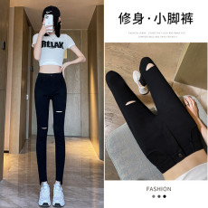 批发6992#实拍薄款秋夏<b class='q'>破洞</b>九分毛边不规则小脚裤弹力女高腰裤新款潮