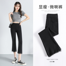 批发5757#实拍夏季新款<b class='q'>七分</b>微喇叭裤蕾丝拼接时尚女喇叭裤女裤小个子
