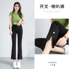 批发实拍2026新款九分微喇叭裤毛边开叉不规则高腰休闲女裤百搭黑色裤