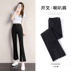 批发实拍2026春夏新款<b class='q'>韩版</b>高腰弹力裤拼接开叉钉珠显瘦喇叭裤九分裤