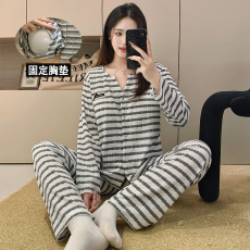 批发馨依 秋冬季开衫睡衣女士色织条皱布带胸垫可外出轻奢风家居服