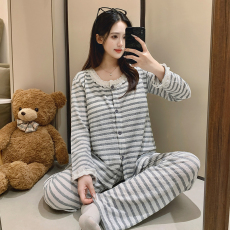 批发馨依 秋冬季开衫睡衣女士色织条皱布带胸垫可外出轻奢风家居服