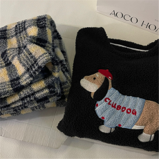 批发馨依 秋冬季卡通小黑猫半边绒睡衣女款珊瑚绒加绒加厚家居服套装