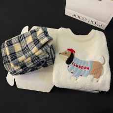 批发馨依 秋冬季卡通小黑猫半边绒睡衣女款珊瑚绒加绒加厚家居服套装