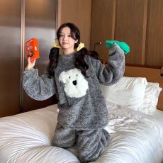 批发睡衣女款秋冬季半边绒加厚大码长袖长裤软绵绵家居服套装