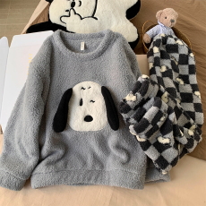 批发睡衣女款秋冬季半边绒加厚大码长袖长裤软绵绵家居服套装