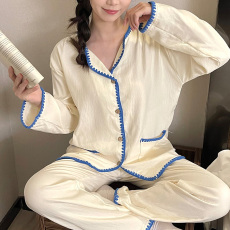 批发馨依 秋冬爆款拉贝壳双层棉纱提花睡衣女士可爱长袖家居服套装