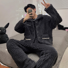 批发馨依 新款提花绒男士睡衣男套装直播爆款冬季加绒加厚开衫高级