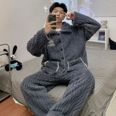 批发馨依 新款提花绒男士睡衣男套装直播爆款冬季加绒加厚开衫高级