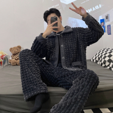 批发馨依 新款提花绒男士睡衣男套装直播爆款冬季加绒加厚开衫高级