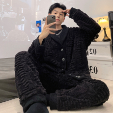 批发馨依 新款提花绒男士睡衣男套装直播爆款冬季加绒加厚开衫高级