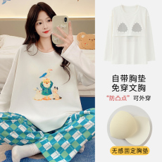 馨依 春秋季圆领套头睡衣女款可爱甜美舒适仿棉带胸垫家居服