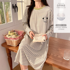 馨依 春秋季睡衣女款睡裙宽松纯棉拉架长袖裙带胸垫可外出家居服