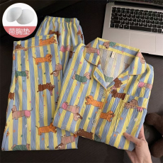 批发馨依 秋季睡衣女款云朵棉带胸垫长袖小翻领长裤休闲家居服套装