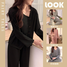 批发馨依 春秋季新款睡衣女款6535抽条针织棉套装长袖简约风家居服