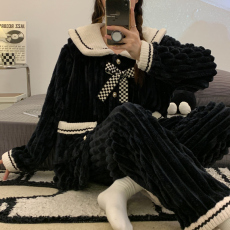 批发直播冬季爆款小香风提花绒开衫加绒加厚睡衣女珊瑚绒冬家居服套装