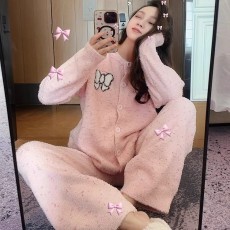 批发馨依 官图蝴蝶结半边绒睡衣女款秋冬软绵绵珊瑚绒加绒家居服套装