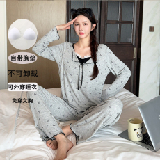 批发馨依 睡衣女士春秋款莫代尔简约V领套头带胸垫简约甜美风家居服