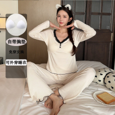 批发馨依 <b class='q'>睡衣</b>女士春秋款<b class='q'>莫代尔</b>简约V领套头带胸垫简约甜美风家居服