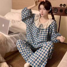 批发馨依 秋季新款睡衣女士云朵棉可爱公主风蕾丝花边格子家居服套装