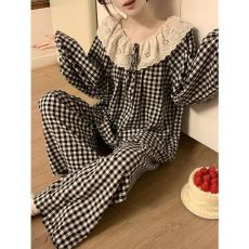 批发馨依 秋季新款睡衣女士云朵棉可爱公主风蕾丝花边格子家居服套装